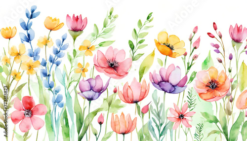 Seasonal flowers on white background  colorful watercolor illustration. AI generative