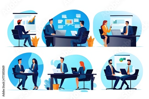 set business flat vector illustration design style concept. for graphic and web page banners. set cartoon character design. team online video conference meeting. business planning