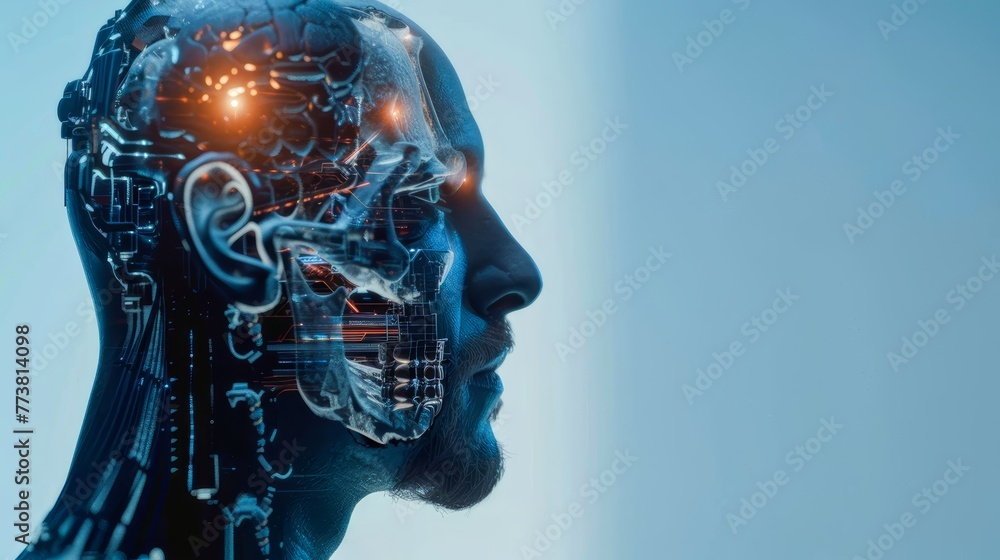 Side profile of a man with an illuminated cybernetic brain in a conceptual tech portrait Side profile of a man with an illuminated cybernetic brain in a conceptual tech portrait