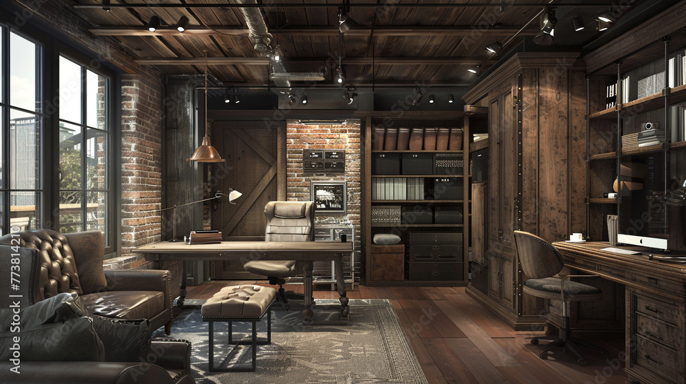 An industrial-chic office interior design characterized by a mix of raw materials, modern furnishings, and innovative lighting solutions, creating an inspiring atmosphere for work. 8K