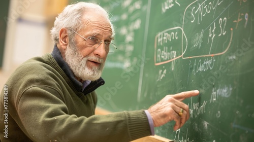 Senior male professor explaining and writing on green chalkboard