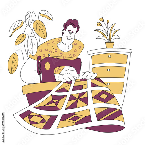 Cheerful man is sewing on a retro sewing machine a patchwork quilt. Vector color illustration in filled outline cartoon outline style.	