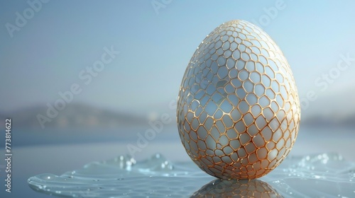 Artistic Easter elegance  An ivory and gold-patterned egg against a clear sky  a minimalist and luxurious take on traditional Easter themes