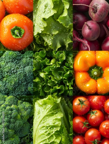 Fresh vegetables with water droplets arranged in a colorful collage