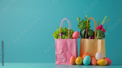 Pink and orange fabric bags brimming with Easter delights and spring vegetables against a calming blue background  capturing the freshness of the season