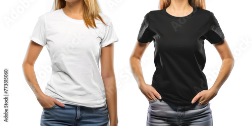 woman white and black color t-shirts mockup from front and back views on transparency background PNG 