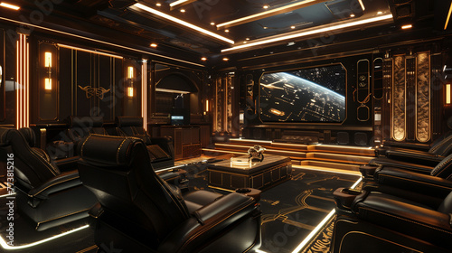 An opulent TV lounge featuring a state-of-the-art entertainment system surrounded by luxurious black leather recliners, promising the ultimate viewing experience in style. 8K.