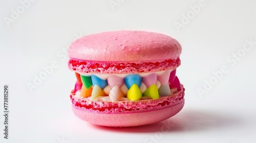 Stacked pink and yellow macarons with detailed texture on a vibrant pink backdrop, ideal for LGBTQ Pride Month celebration themes