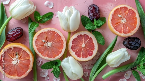 Refreshing Iftar Setup with White Tulips and Grapefruit on Pink for Ramadan