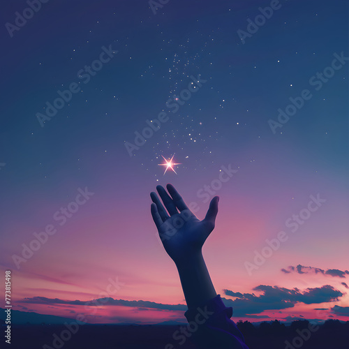 Emotional Farewell: Hand Catching a Falling Star Against the Dawn Sky