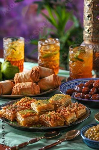 Enchanting Iftar Setup with Golden Lantern, Refreshing Drinks, and Traditional Sweets