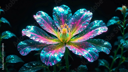 ethereal beauty of a delicate, translucent flower, petals in vibrant hues of iridescent greens, blue and yellow with glowing and sparkling effect in dark background