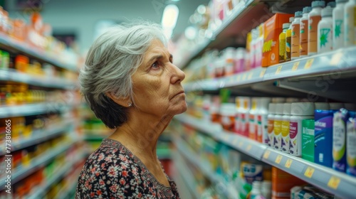 Senior woman thoughtfully looking at products in a grocery store aisle