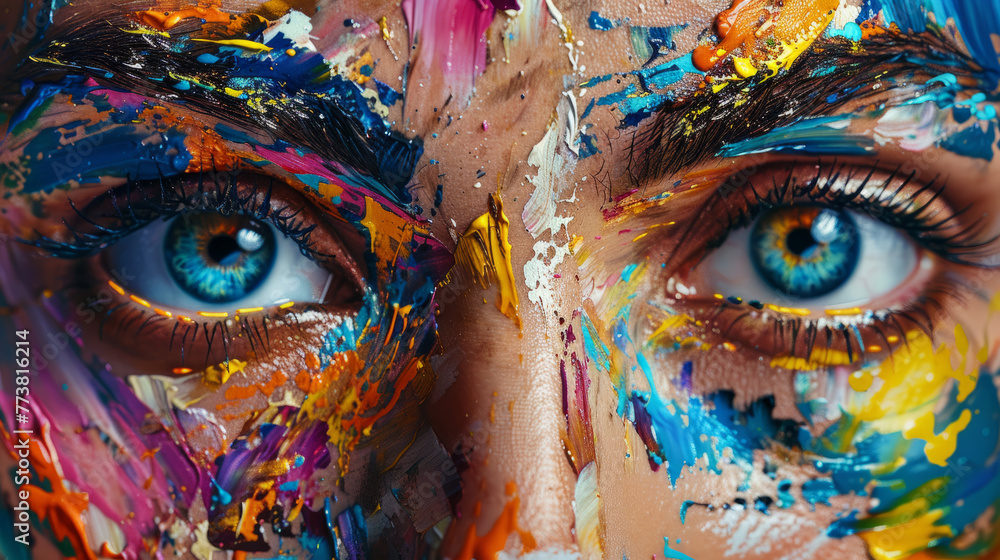 Woman's eyes. Splashes of bright paint on the canvas. Interior painting. Beautiful background