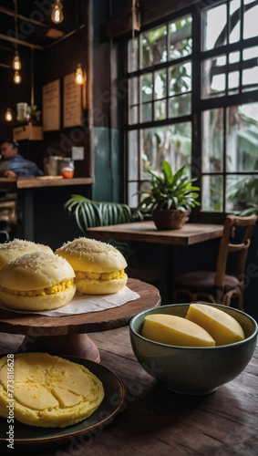 Indulge in bakery delights with durian cake and arepas  ideal for casual snacking occasions.