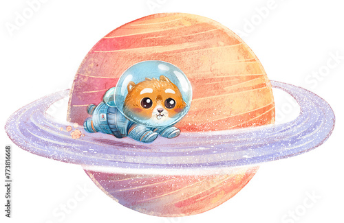 Hamster in a space suit running around Saturn