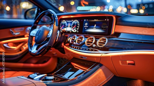 Close-up of a modern car interior with orange leather and advanced dashboard illumination