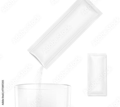Sachet pack pouring powder product on clear glass. Vector illustration isolated on a white background. Ready for use in presentation, promo, advertising and more. EPS10.