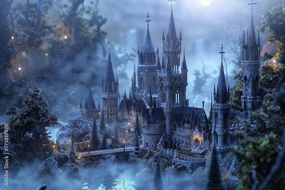 A gothic miniature castle with spires, a drawbridge, and a moat, set in a mystical forest scene with crafted fog and moonlight.