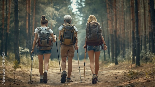 Three people are walking in a forest, each carrying a backpack. Scene is peaceful and serene, as the group of hikers enjoy their time in nature © SKW