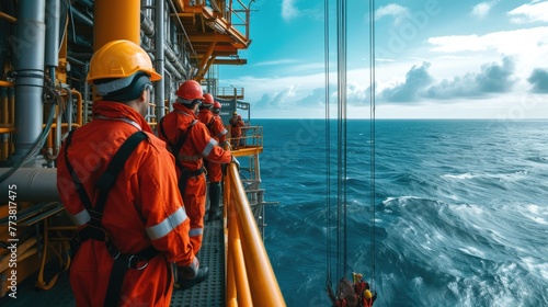 Oil workers, wearing helmets and personal protective equipment, stand on an oil rig in the ocean surrounded by water and the sky. AIG41