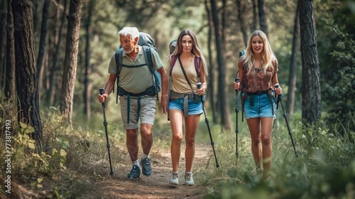 Three people are walking in a forest, one of them is an older man. They are all carrying backpacks and walking on a trail
