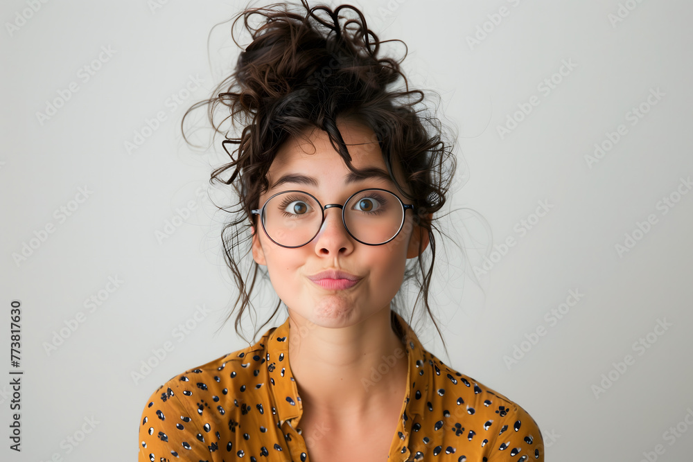 Portrait d'une jeune femme hispanique portant des lunettes et faisant une grimace sur fond gris clair - obrazy, fototapety, plakaty 