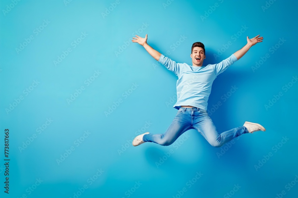 A man in a blue shirt and jeans is jumping in the air. Concept of excitement and joy