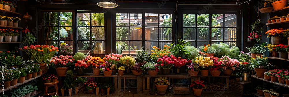 Flower shop interior brimming with a diverse,
Flower shop with a variety of exotic flowers and plants
