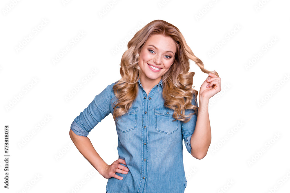 Close up photo amazing beautiful she her lady holding one curl wind around finger hand side self-confident glad pretty wearing casual jeans denim shirt clothes outfit isolated grey background - obrazy, fototapety, plakaty 