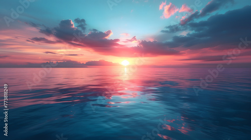 Coucher de soleil ton rose sur océan paisible