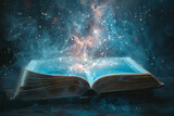 Magical open book with a universe emerging, growing from an open book, glowing with energy and illuminating the surrounding dark environment, perfect for fantasy and education themes