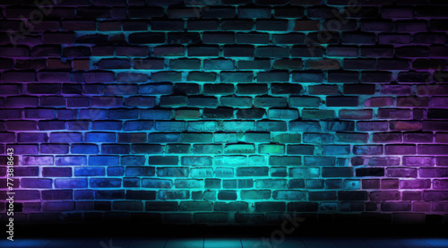 Modern futuristic blue purple neon lights on old grunge brick wall room background. 3d rendering