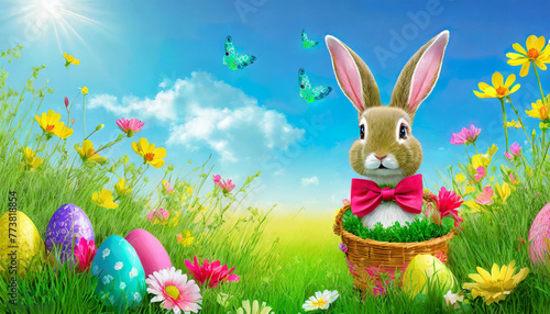 Spring Meadow with Easter Bunny Vibrant Floral Landscape under Clear Blue Sky