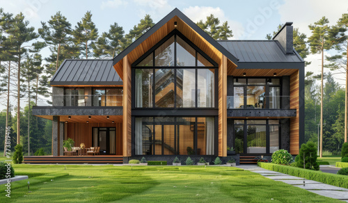 3d rendering of modern twostory house with wooden gable roof  large windows and entrance door on the first floor. The front view shows green lawn in front yard with trees