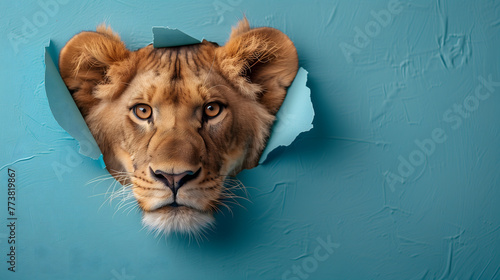 Tête de lion sortant d'un trou mur de papier bleu photo