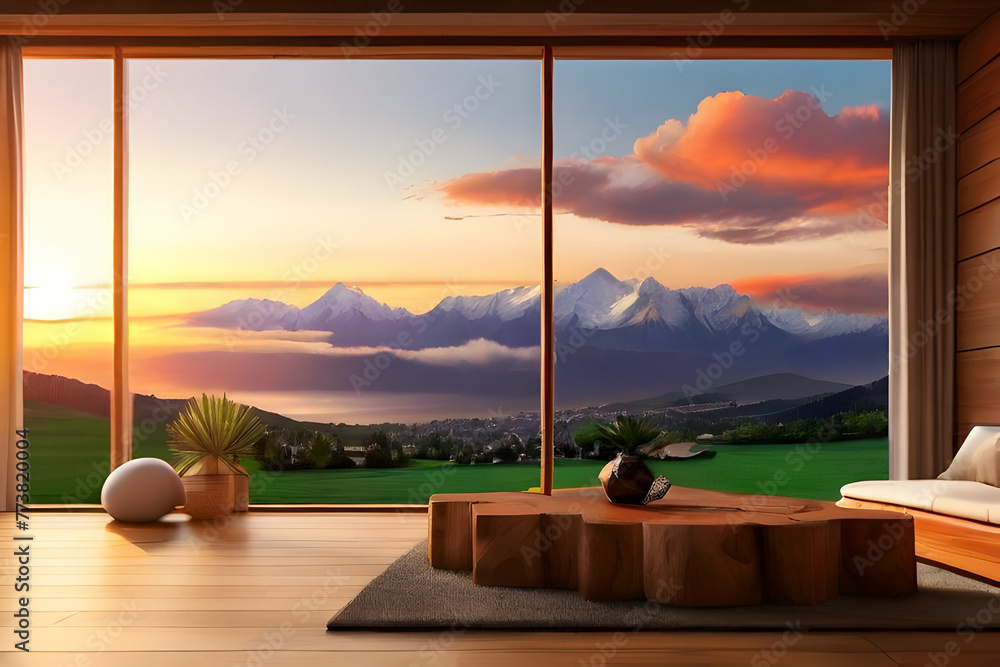 Fototapeta premium view of the sea from the window. interior, window, room, home, house, architecture, view, design, floor, empty, nobody, luxury, apartment, wooden, glass, indoor, living room, wall,Ai generated 