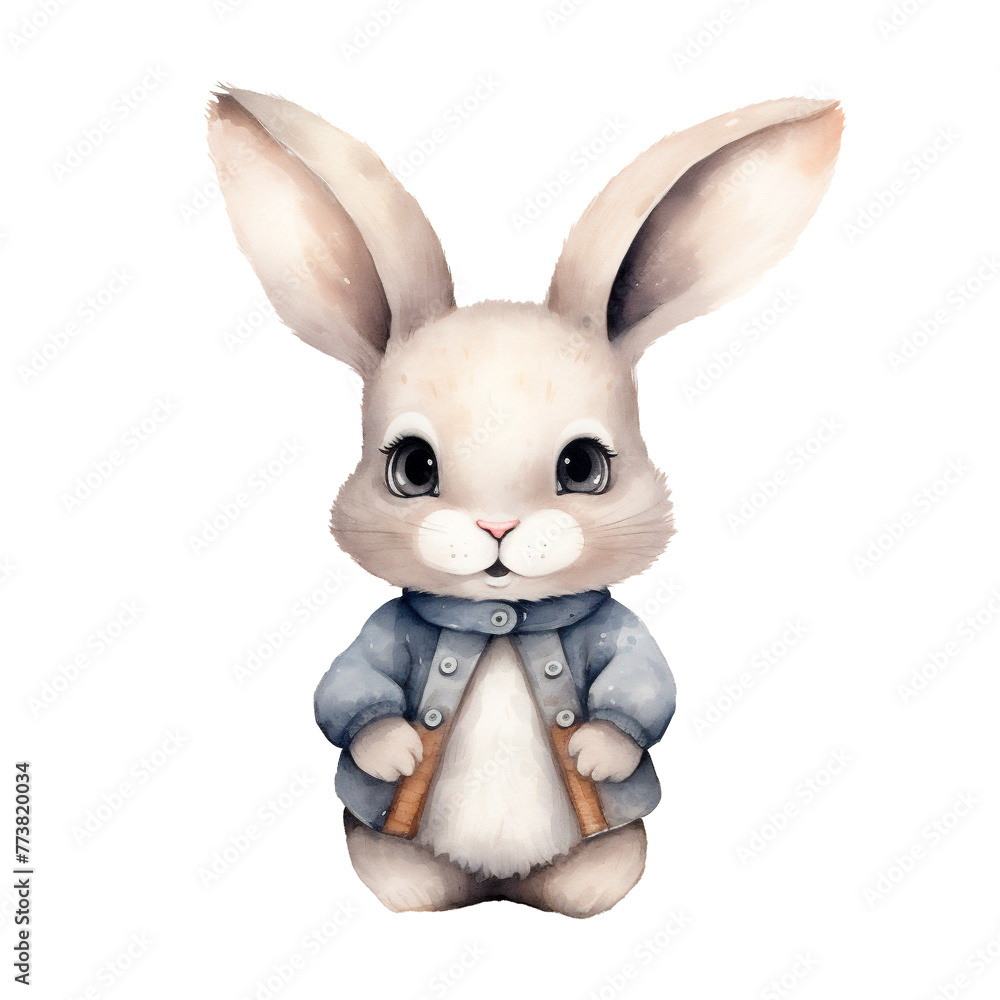 Watercolor hand-painted illustration of a bunny boy in clothes. Isolated on a white background