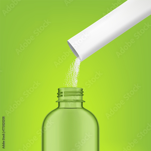 Stick pack pouring powder product on clear bottle. High realistic vector illustration on green colour. Ready for your design. SPF10.