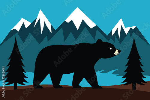 Bear in the Mountains on flat background  Bear in a beautiful forest against background of mountains