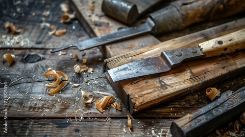 Woodworking craftsmanship. Close-up of hand tools for wood repair and crafting, including chisels and mallet on a wooden surface with wood shavings and sawdust photo