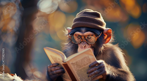 Cute little monkey wearing glasses and hat reading book photo