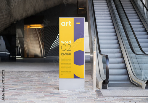 Mockup of customized vertical banner by escalator