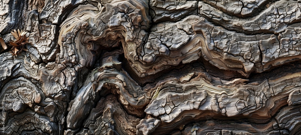 Close-up view of an intricate tree bark pattern, showcasing detailed textures and natural lines. Concept of nature's artistry and wood textures.