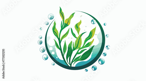 Seaweed logo or icon in water bubbles. Seaweed nature