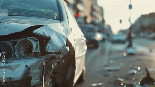 Automobile accident concept. Close-up of a damaged car with dented metal and a broken headlight, after a collision, set against a blurred street scene, safety campaigns, or repair services.