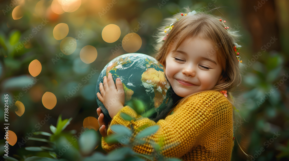 Naklejka premium A young girl hugging a model of the earth, symbolizing love and care for the world. Suitable for World Children's Day or International Day of the Girl Child concept banner.