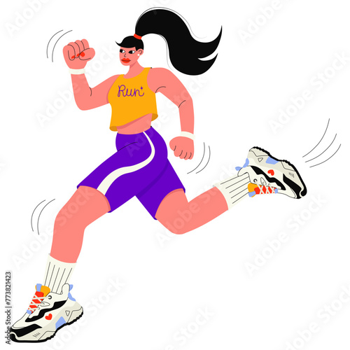  Fitness active woman retro cartoon character in sportswear running trying to be first. Vector flat illustration isolated on transparent background. Groovy style. Active lifestyle and running concept.