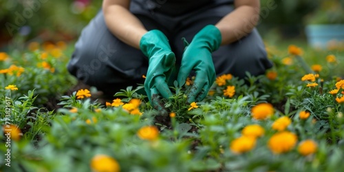 woman with green gloves planted in a bed of small marigold, gardening in a springtime
