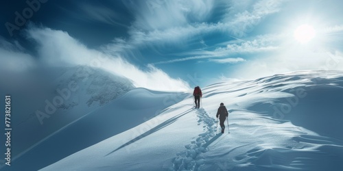 A couple of people walking up a snow covered slope. Suitable for winter activities or outdoor adventures